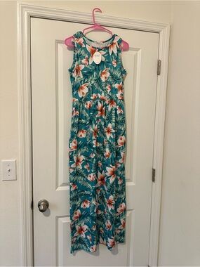 Sleeveless Teal Tropical Maxi Dress with Coral Floral Print